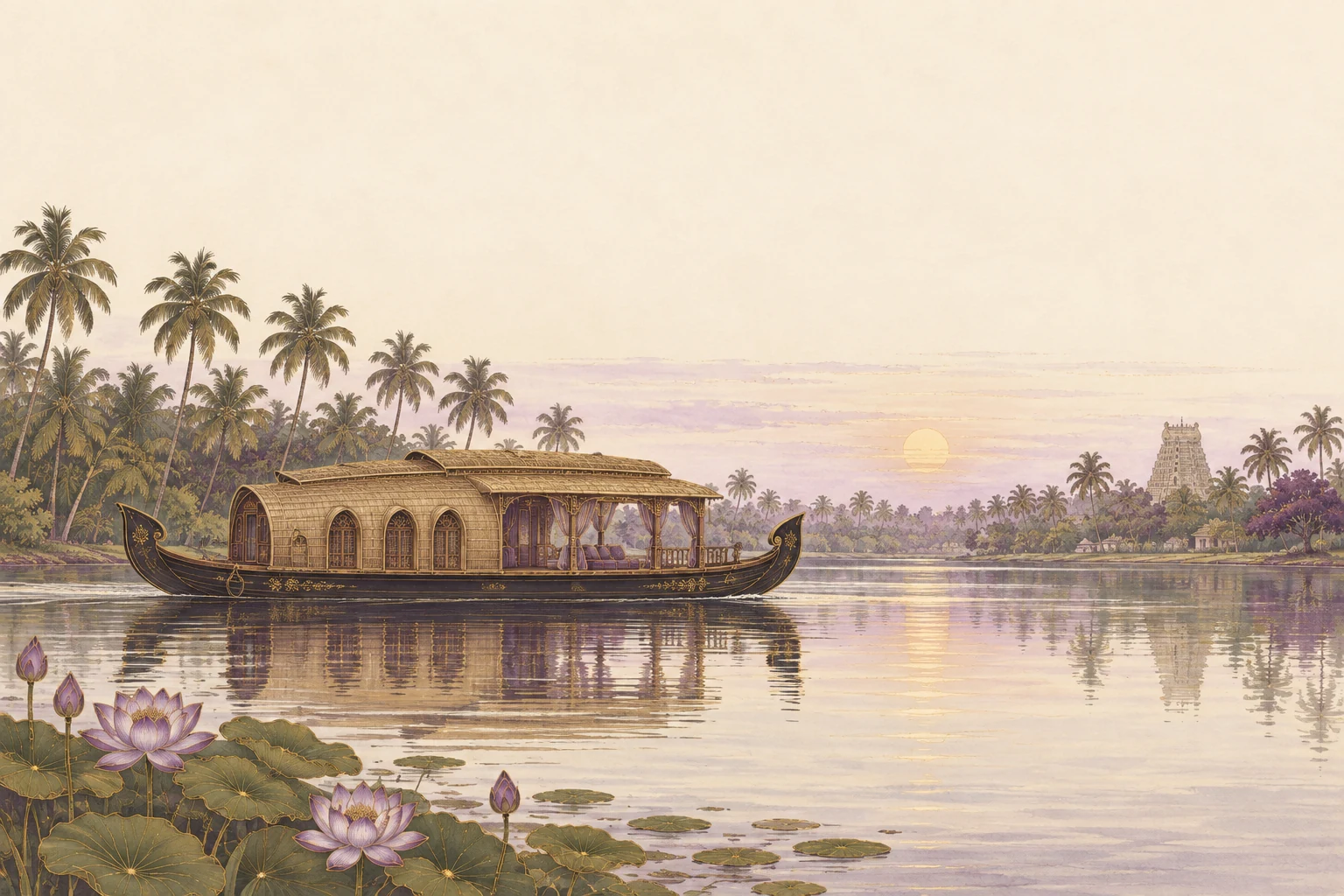 Illustrated houseboat on the Kumarakom backwaters at sunset